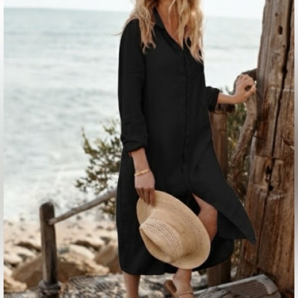 CP Shades - Black Linen Long Sleeve Midi Dress / Coverup - Size XS - Picture 4 of 13